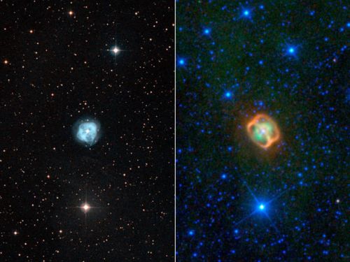 Снимки туманности NGC 1514 в инфракрасном и видимом диапазоне Снимки туманности NGC 1514 в инфракрасном и видимом диапазоне