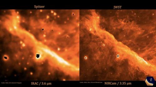 Сравнение снимков Spitzer и James Webb